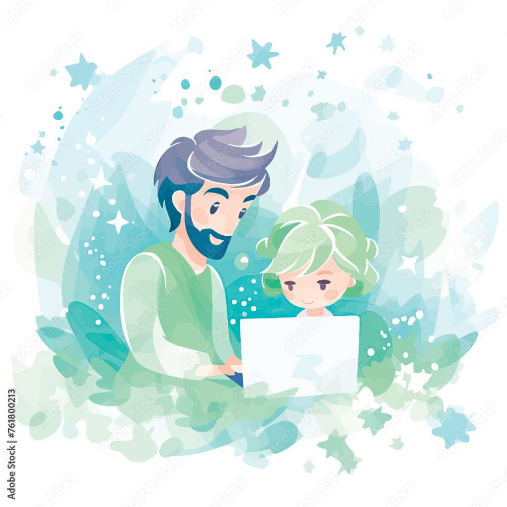 Illustration of dad and child with laptop. Distance learning for children, online courses, IT technology training. Dad plays with his child at the computer. Dad teaches the child. Family learning. Illustration of dad and child with laptop. Distance learning for children, online courses, IT technology training. Dad plays with his child at the computer. Dad teaches the child. Family learning.