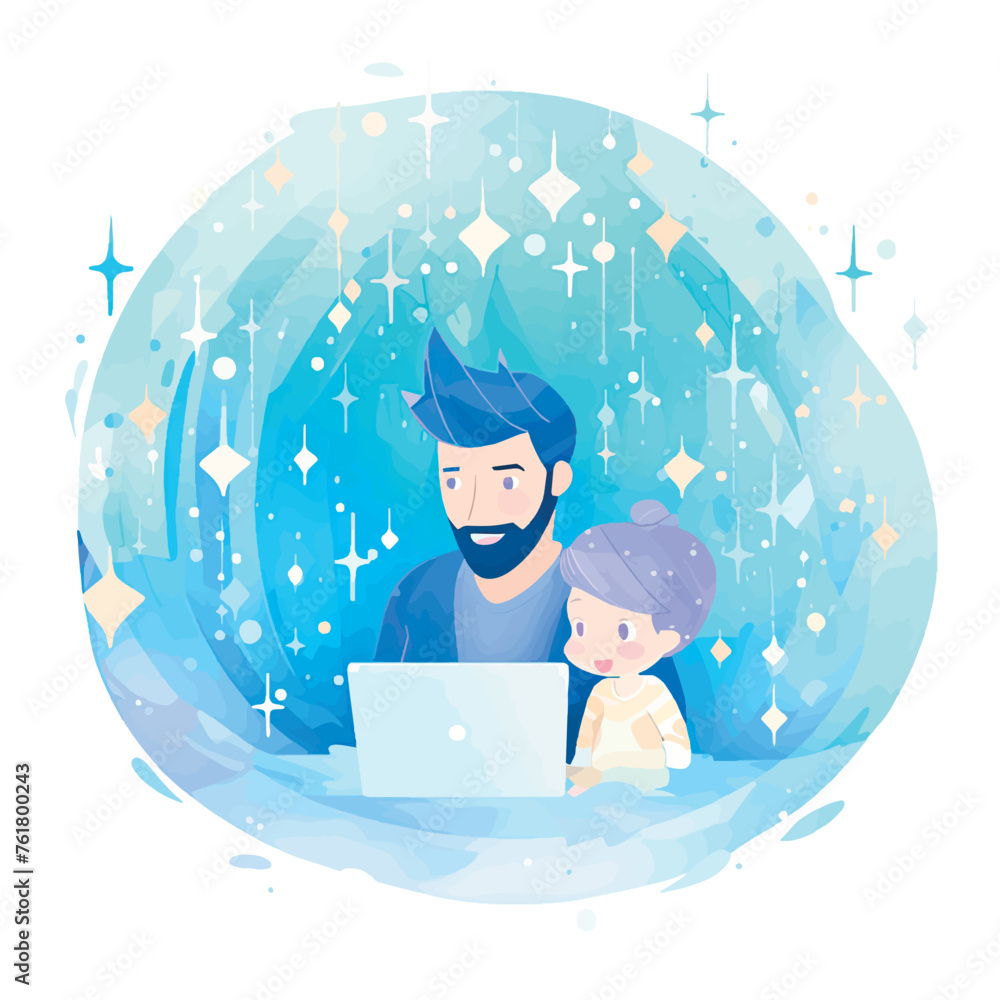 Illustration of dad and child with laptop. Distance learning for ...