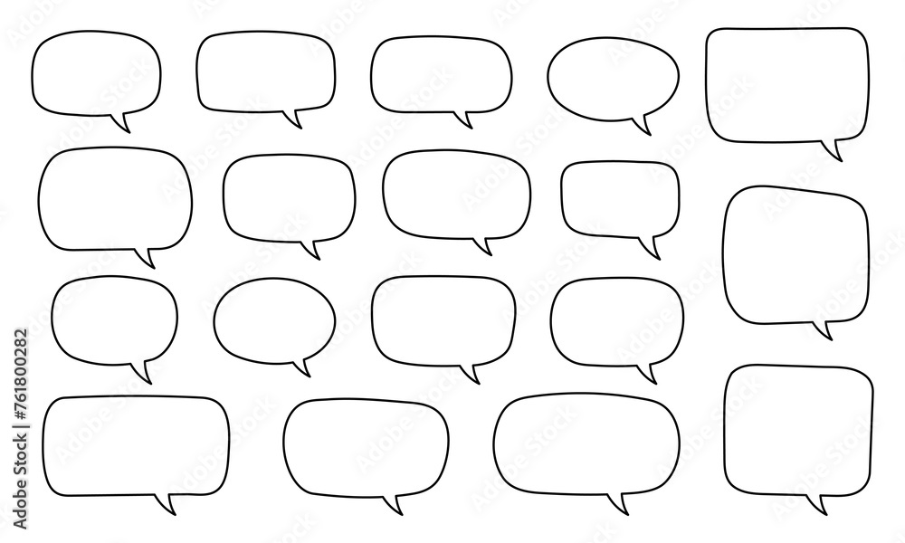 Set of hand drawn line speech bubbles in rectangular shape. Speech balloon, chat bubble art vector line speech bubbles for apps and websites.