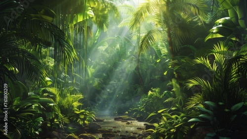 Sunlit pathway through a tropical jungle - Serene light filters through the dense canopy of the jungle  highlighting a gentle path