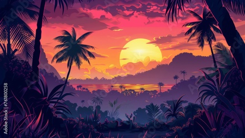 Sunset over a tropical river with palm trees - A serene tropical river reflecting the soft hues of sunset, framed by palm silhouettes and a dramatic sky