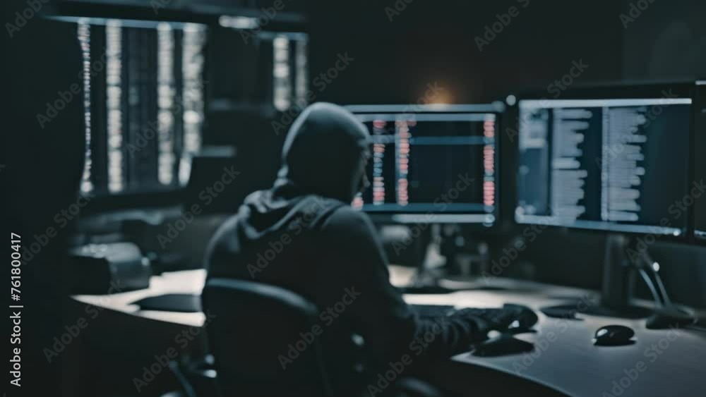 Stealthy, hooded hacker hacks into server in dark room and steals data from computer. Cyber security and vulnerability of personal data. Stealthy, hooded hacker hacks into server in dark room and steals data from computer. Cyber security and vulnerability of personal data.