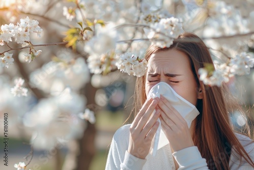 Young girl blowing nose and sneezing in tissue in front of blooming fruit tree. Seasonal allergens affecting people.