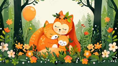  an illustration of a mother fox hugging her baby in a forest with flowers and balloons on the side of it.