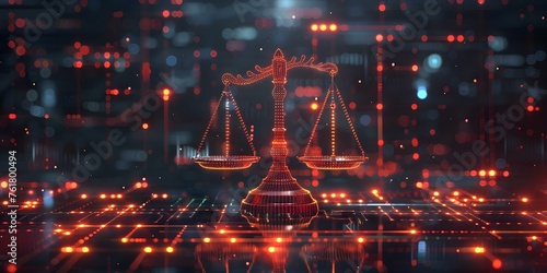 Legal technology concept with digital scales and data center justice and law. Concept Legal Technology, Digital Scales, Data Center, Justice, Law