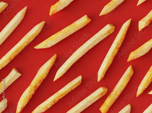 Pattern french fries on red background. Food concept. 3d rendering top view