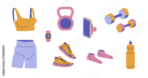 Fitness and workout equipment collection with sports bra, kettlebell, dumbbells, phone with earphones, smartwatch, shorts, running shoes, socks, and water bottle isolated on white background. 