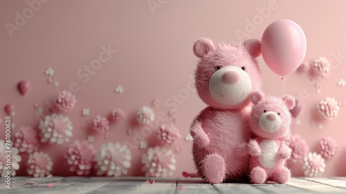  a pink teddy bear holding a pink balloon in front of a pink background with white flowers and a pink teddy bear.