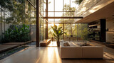 Beautiful minimal modern living, architecturally design , natural lighting, sense of space, empty, large, luxury, high stud, lightfilled windows, indoor plants, sofas and chairs, mats and stone