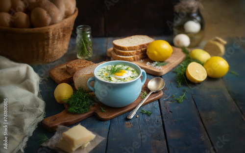 Traditional Ukrainian and Russian Okroshka: Cold Soup with Fresh Ingredients, Served in Rustic Ambiance on Blue Wooden Board