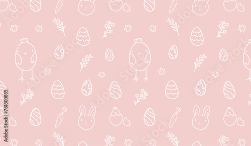 Easter seamless pattern with rabbits, chickens, eggs, and flowers on soft pink background. Hand-drawn children style illustration for spring design and greeting cards. Colourful vector art.