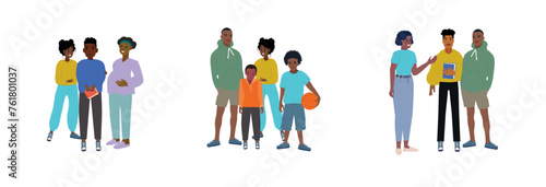 Set of groups of African friends. Social insertion. Inclusion. Interracial. Young boys and girls. Friends and life support