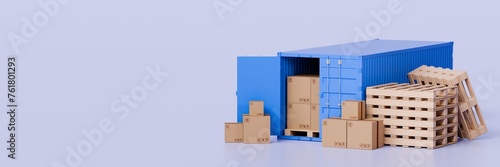 3d Open blue cargo container shipping and Cardboard boxes on pallet icon. Fast delivery concept. Online Shopping E-Commerce concept. Isolated on blue background. Copy space. Web banner. 3D rendering.