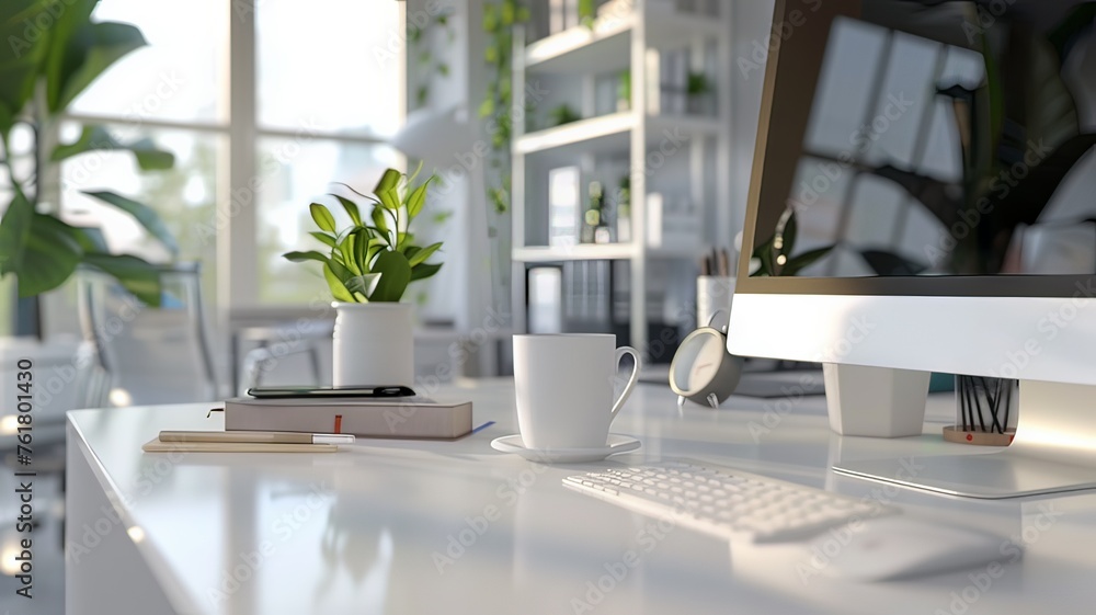 Horizontal AI illustration modern workspace with computer and coffee cup. Technology concept. Horizontal AI illustration modern workspace with computer and coffee cup. Technology concept.