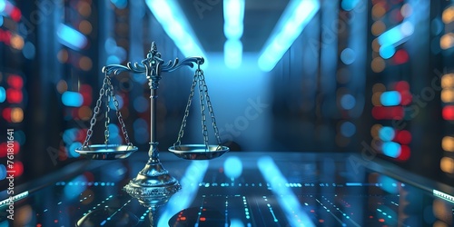 A digital law concept scales of justice in a data center. Concept Digital Law, Scales of Justice, Data Center, Legal Technology, Cybersecurity