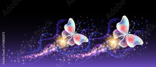 Flying delightful butterflies with sparkle and blazing trail flying in night sky among shiny glowing stars in cosmic space. Love and romance concept.