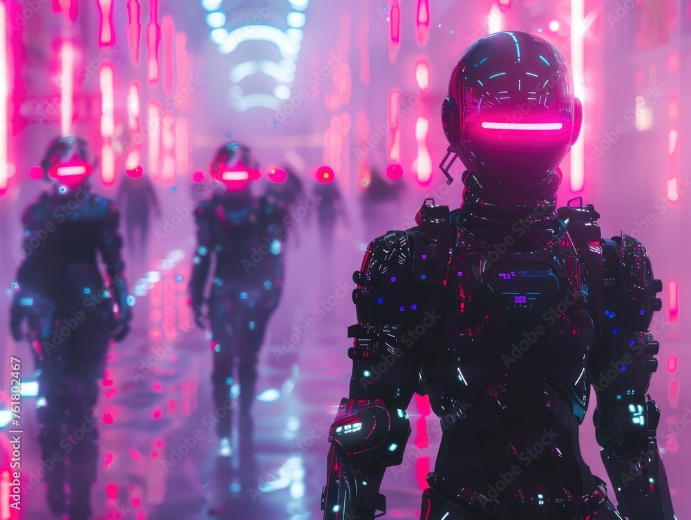 Futuristic soldiers marching with neon lights - Digitally created sci-fi scene with futuristic soldiers walking amidst vivid neon lights, invoking a sense of dystopia