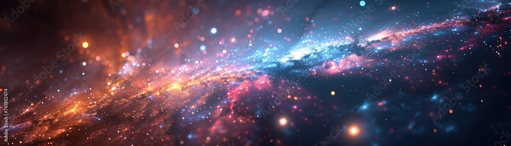 Galactic space panorama with colorful stars - Majestic panoramic view of the galaxy filled with vibrant colors and glittering stars, showcasing the vastness of space
