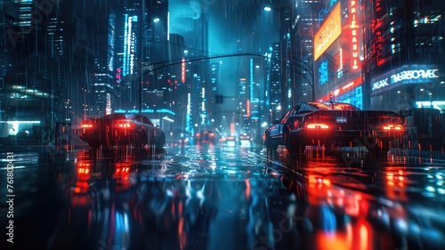 Futuristic cityscape with neon reflections - A dystopian vision of a rainy, neon-lit urban landscape with futuristic cars reflecting on wet streets