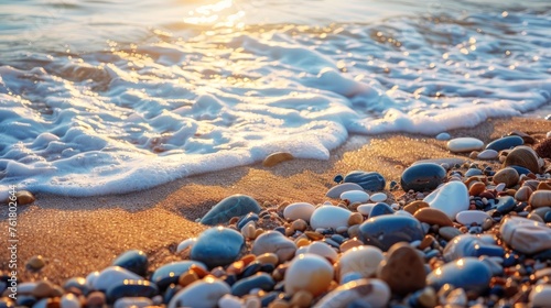sea pebble beach with multicoloured stones, transparent waves with foam, on a warm summer day