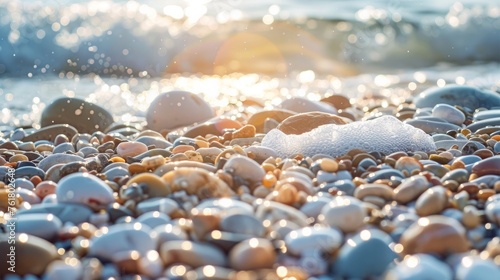 sea pebble beach with multicoloured stones, transparent waves with foam, on a warm summer day © Emil