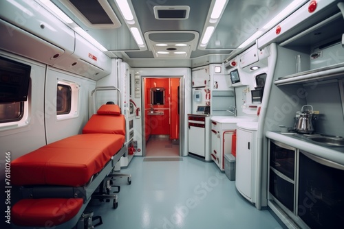 High-tech Modern ambulance inside. Medical doctor rescue transport equipment. Generate Ai