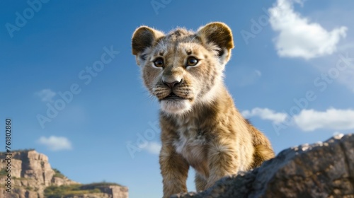 a young lion cub standing on a rock in front of a blue sky with a mountain range in the background.