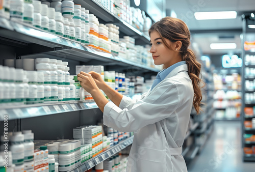 Professional Female Pharmacist Selecting Medication in Modern Drugstore Shelf