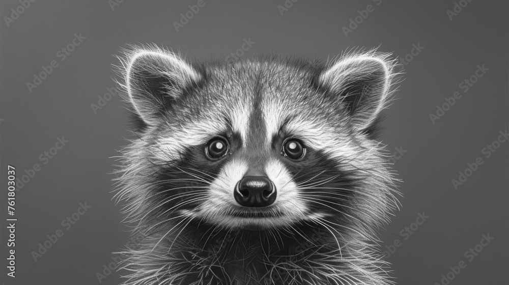  a close up of a raccoon's face with a black and white photo of it's head.