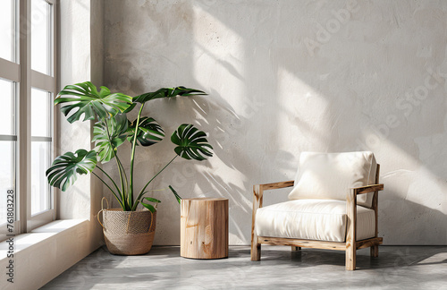 Uma bela poltrona branca em um canto de ambiente moderno e bem aluminado, madeira photo