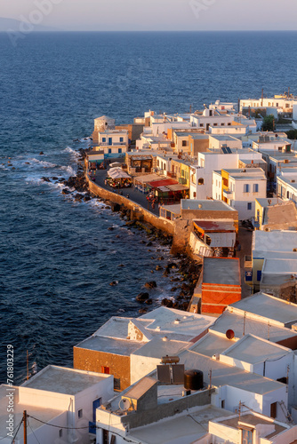 Panoramic view during blue hour of Mandraki village, a beautiful, traditional village, capital of Nisyros island, in Dodecanese islands, Greece.