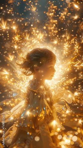 Mystical girl surrounded by golden sparkles - An ethereal image of a girl with obscured face, enveloped in a whirlwind of golden sparkles, representing magic or fantasy