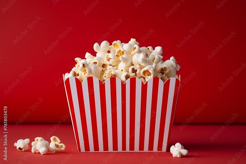 a red and white striped container with popcorn
