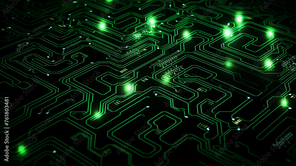 Intricate Green Circuitry Background with Light Trails