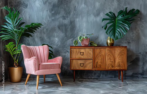 Uma linda Cadeira aconchegante em rosa. Design de interiores de casa Boho, moderna, sala de estar