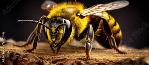A macro photograph of a honeybee, a pollinator insect and arthropod, sitting on a piece of wood. Its membraned wings and terrestrial behavior make it a vital organism, not just a pest or parasite