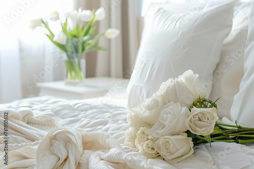 Close-up de um quarto com roupa de cama branca, com flores e uma linda iluminação, design de interiores moderno photo