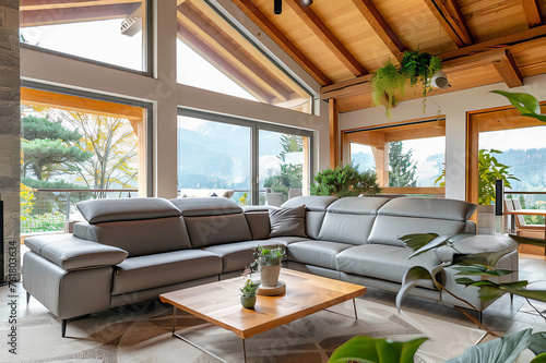 Sofás cinza na sala com teto abobadado. Design de interiores de casa escandinava da moderna sala de estar. photo