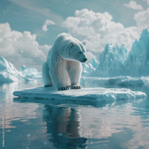 Polar bear on a shrinking ice floe vast open waters around symbol of melting polar caps closeup poignant ambiance Hyper realistic