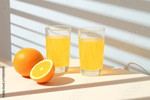 two glasses of orange juice next to an orange