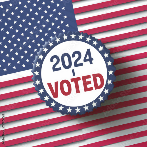 I voted message for 2024 elections on  pin over american flag photo