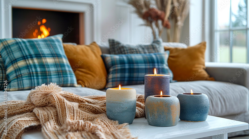 Cozy living room with burning candles, cushions and plaid