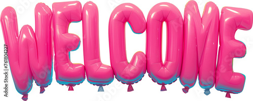 The word "welcome" made of inflatable pink plastic balloons, AI generated illustration © Guga