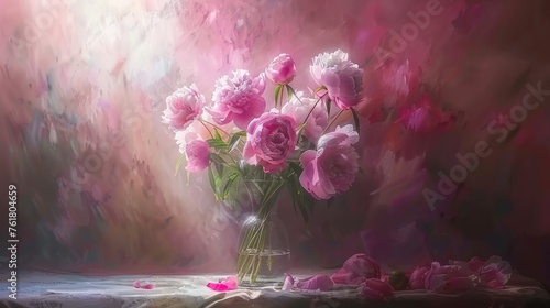 a painting of pink flowers in a vase on a table with petals on the tablecloth and a pink background. photo
