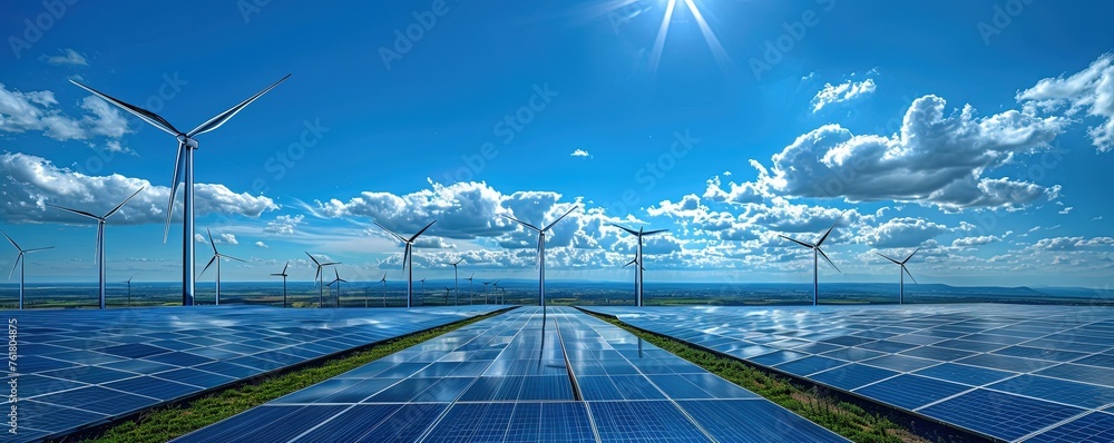 Wind farm and solar panels under a beautiful blue sky with a few clouds. Renewable energy generation for environmental