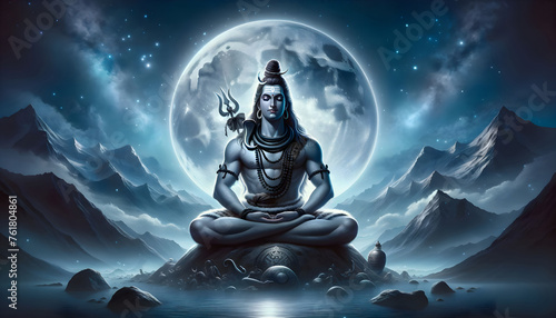 Illustration of lord shiva silhouette with trident against full moon for maha shivratri.
 photo