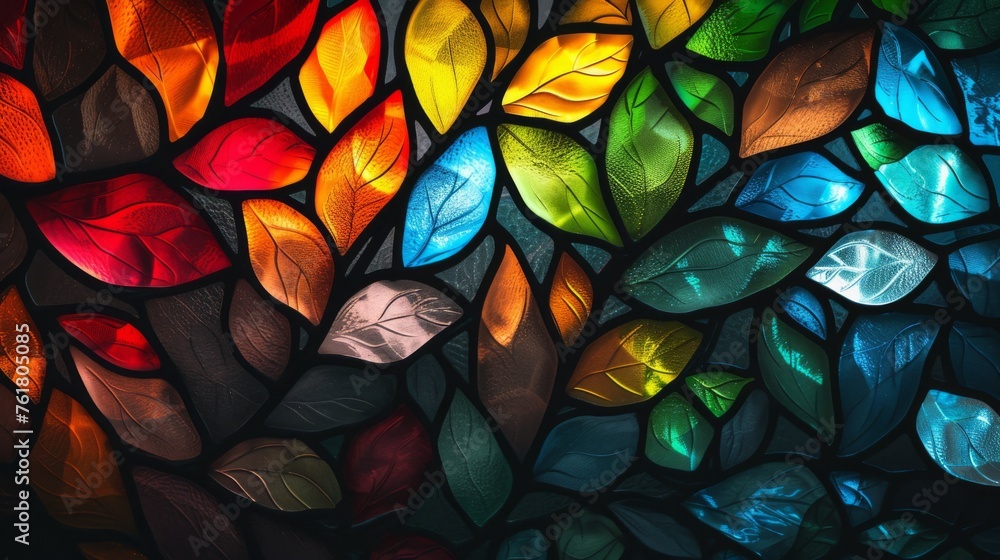 A vibrant collection of autumn leaves depicted in a stained glass art style, with a mosaic of rich, warm colors. A vibrant collection of autumn leaves depicted in a stained glass art style, with a mosaic of rich, warm colors.