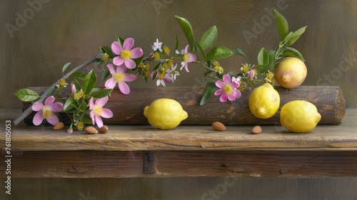 a painting of lemons, flowers, and nuts on a piece of wood with a piece of wood sticking out of it. photo