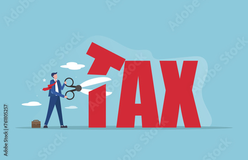 Businessmen with big scissors cutting taxes. Tax cut concept