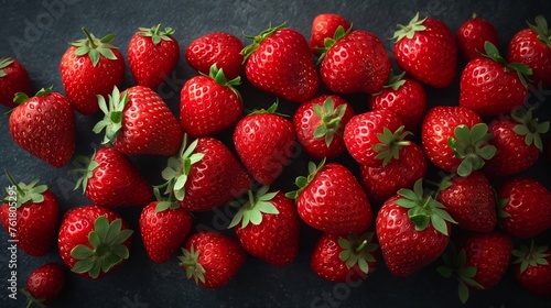 Luscious Red Strawberries Arrayed on Dark Slate Backdrop